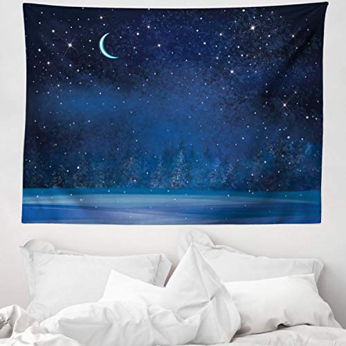 ABAKUHAUS Luna Tapiz de Pared y Cubrecama Suave, Invierno Místico Lugar Mágico Cielo Estrellado Noche Oscura Paisaje Bosque Encantado, Decoración para el Cuarto, 150 x 110 cm, Azul Oscuro