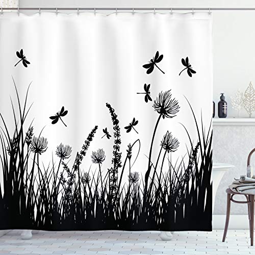 ABAKUHAUS Naturaleza Cortina de Baño, Hierba Bush Prado del Resorte, Material Resistente al Agua Durable Estampa Digital, 175 x 180 cm, Blanco Negro