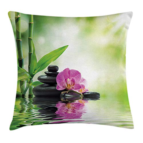 ABAKUHAUS SPA Funda para Almohada, Orquideas Rocas Agua, Decorativo, Estampado en Ambos Lados, 50 x 50 cm, Negro Verde Rosa