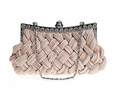 Abyelike - Bolso de mano para mujer, de noche, para novia, trenzado, con diamantes de imitación, color Beige, talla Talla única