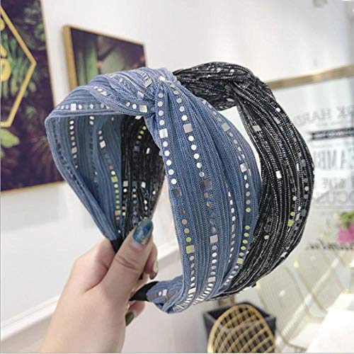 Accesorios para el Cabello de Alta Gama Lentejuelas Plisadas de Las Mujeres Diadema Cruzada Media Cruzada Diadema Diadema Moda Chica Salvaje Banda para el Cabello Diadema-Negro y Plata