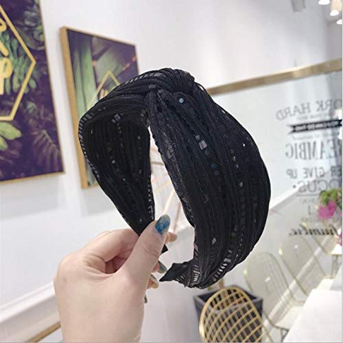 Accesorios para el Cabello de Alta Gama Lentejuelas Plisadas de Las Mujeres Diadema Cruzada Media Cruzada Diadema Diadema Moda Chica Salvaje Banda para el Cabello Diadema-Negro y Plata