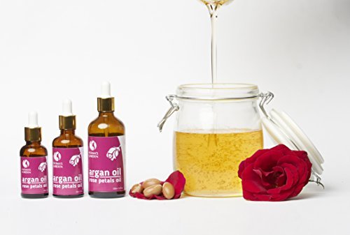 Aceite de argán Fatima's Garden con pétalos de rosa Macerado para el rostro, el cabello, la piel y las uñas. Hidratante antiedad marroquí, orgánico (Argan + aceite de rosa) 100ml