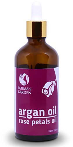 Aceite de argán Fatima's Garden con pétalos de rosa Macerado para el rostro, el cabello, la piel y las uñas. Hidratante antiedad marroquí, orgánico (Argan + aceite de rosa) 100ml