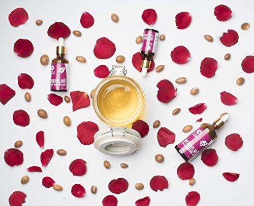 Aceite de argán Fatima's Garden con pétalos de rosa Macerado para el rostro, el cabello, la piel y las uñas. Hidratante antiedad marroquí, orgánico (Argan + aceite de rosa) 100ml