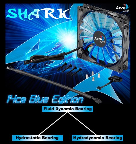 Aerocool SHARK - Ventilador gaming para PC (14 cm, 12V/7V, 15 aspas, 14.5 dBA, 1500rpm, iluminación LED azul, ultrasilencioso, antivibración, cables enmallados), color azul