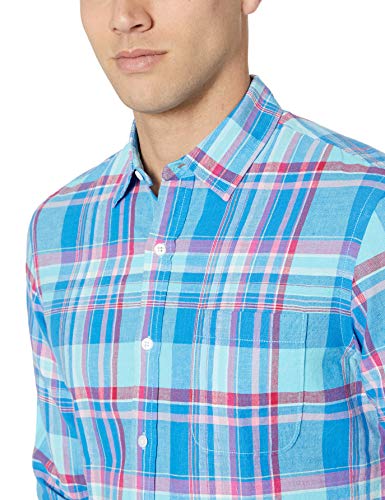 Amazon Essentials - Camisa de lino con manga larga, corte entallado y estampado para hombre, Aguamarina Cuadros, US L (EU L)