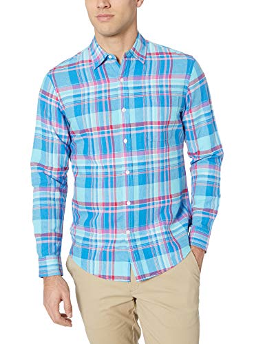 Amazon Essentials - Camisa de lino con manga larga, corte entallado y estampado para hombre, Aguamarina Cuadros, US L (EU L)