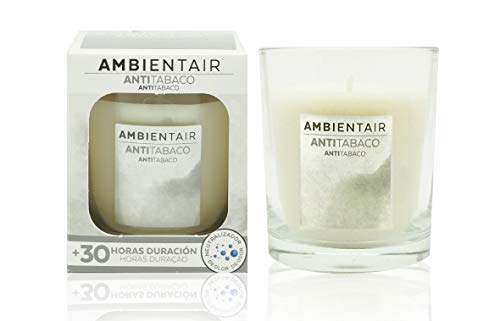 Ambientair. Vela aromática Anti Tabaco. Vela perfumada con cera vegetal y perfume natural con una duración estimada de 30 horas. Disfruta de la aromaterapia en tu casa con esta vela en vaso de cristal