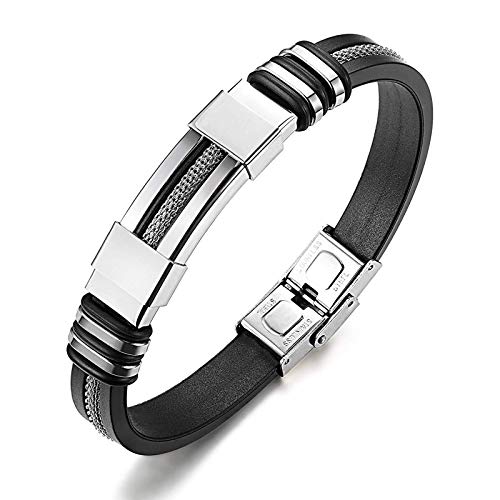 AnazoZ Brazalete Pulsera de Hombre Acero Inoxidable Pulsera de Silicona Hombre Pulsera Negro y Plata