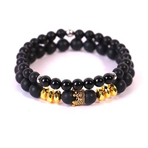 AnazoZ Pulsera Hombre Ancha 6/8 MM Pulseras Chakras Pulseras Ágata Negra con Corona Estilo B Pulsera 18 CM