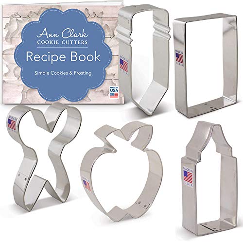 Ann Clark Cookie Cutters Juego de 5 cortadores de galletas vuelta al cole / agradecimiento a los maestros con libro de recetas, lápiz, tijeras, manzana, cera y rectángulo