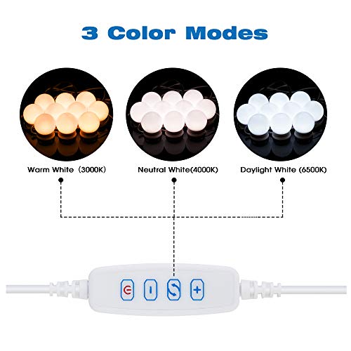 Aourow Luces de Espejo Maquillaje,Diseño de Cable USB Luz de Tocador LED con Interruptor y 10 Bombillas Regulables,3 Modos de Color y 10 Brillo (Sin Espejo y Cargador USB)