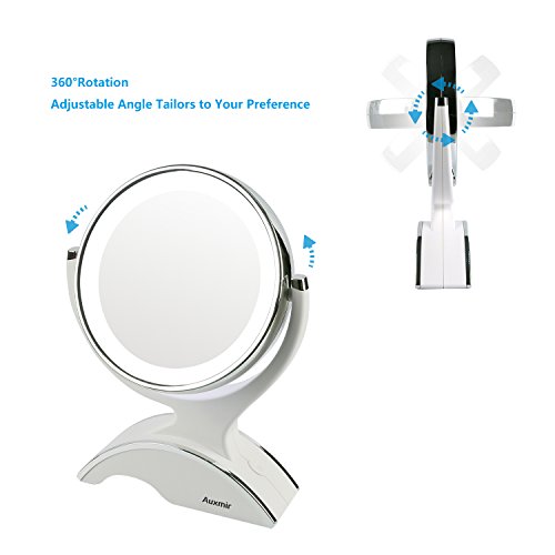 Auxmir Espejo Maquillaje con Luz LED Aumento 1X/10X Espejo Cosmético Iluminado de Doble Cara, 360 Rotación, Redondo Girotario con Pila para Afeitado y Maquillaje, Blanco