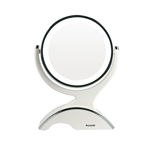 Auxmir Espejo Maquillaje con Luz LED Aumento 1X/10X Espejo Cosmético Iluminado de Doble Cara, 360 Rotación, Redondo Girotario con Pila para Afeitado y Maquillaje, Blanco