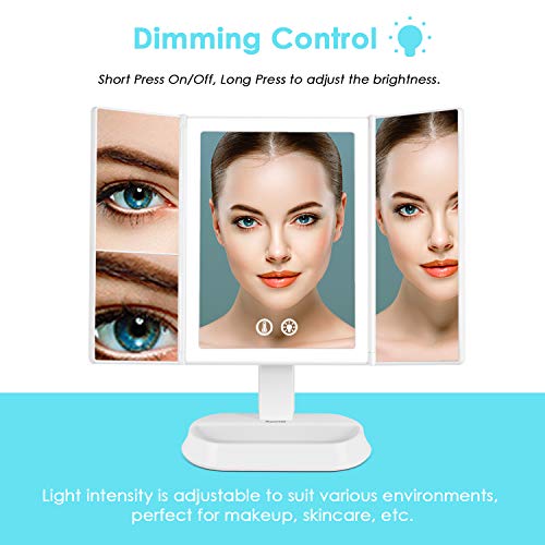 Auxmir Espejo Maquillaje con Luz LED Aumento 1X/5X/7X Espejo Cosmético Iluminado, 90 Rotación, 3 Colores Brillo Luz Ajuetable, Recargable USB con Pila para Afeitado y Maquillaje, Blanco