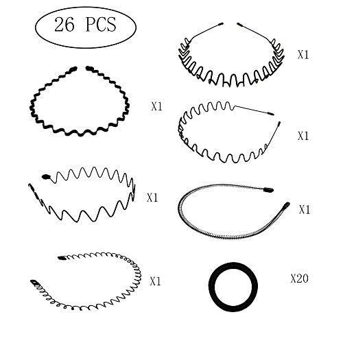 Aweisile Diademas de Metal 6 Piezas Diademas Deportivas para Hombres y Mujeres, Accesorios de Banda para el Cabello Wave, Diadema de Movimiento de Ondas de Primavera con 20 Piezas Diadema Negra