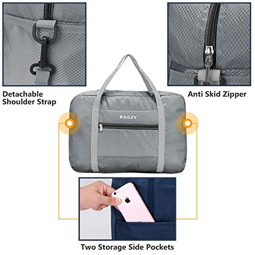 BAGZY Plegable Bolso de Viaje Grande Bolsa de Hombro de Gimnasio Bolsa Deportiva Mano Maleta de Viaje Weekend Cabina de Equipaje Bolso Holdall Bolsa Fines de Semana Equipaje Camping 30L Gris Oscuro