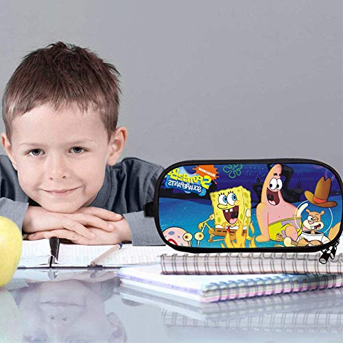 Baibei - Estuche para lápices de Bob Esponja de gran capacidad, con cremallera, bolsa de papelería, bolsa de cosméticos, con compartimentos, color negro, talla única