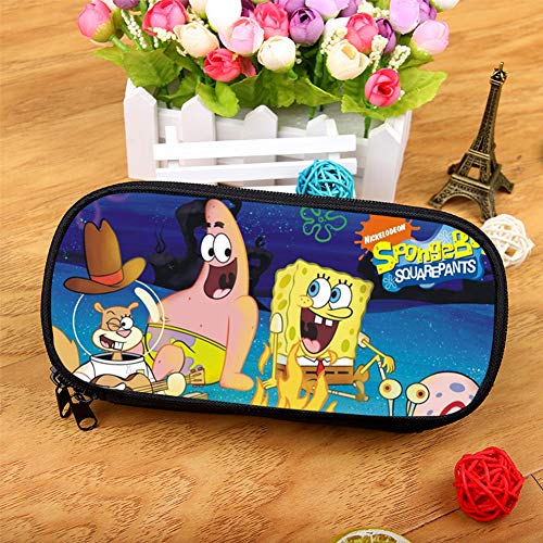 Baibei - Estuche para lápices de Bob Esponja de gran capacidad, con cremallera, bolsa de papelería, bolsa de cosméticos, con compartimentos, color negro, talla única