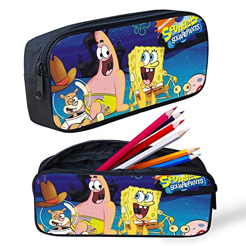 Baibei - Estuche para lápices de Bob Esponja de gran capacidad, con cremallera, bolsa de papelería, bolsa de cosméticos, con compartimentos, color negro, talla única