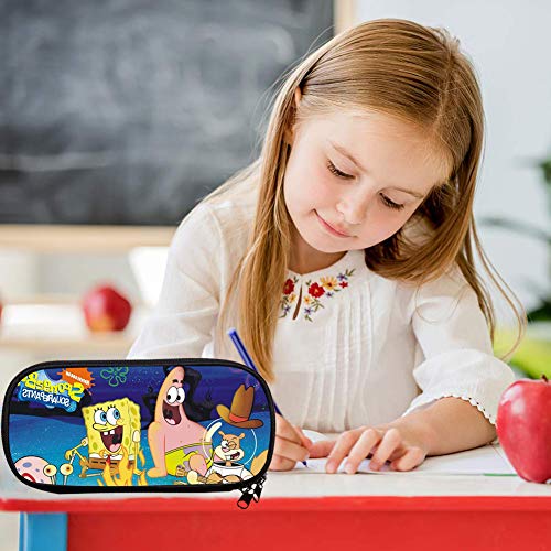 Baibei - Estuche para lápices de Bob Esponja de gran capacidad, con cremallera, bolsa de papelería, bolsa de cosméticos, con compartimentos, color negro, talla única