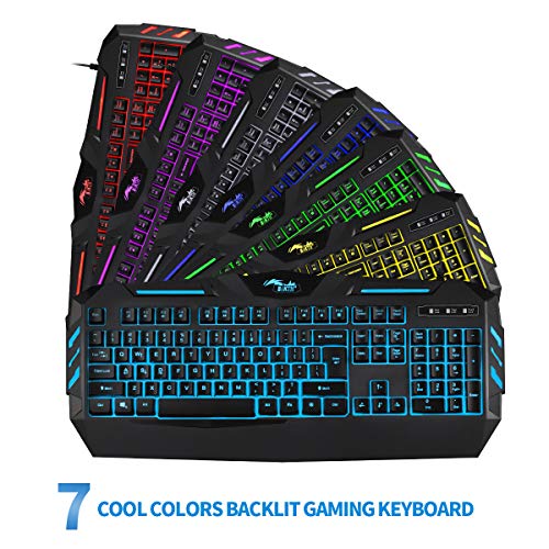 BAKTH Teclado Gaming USB, 7 Colores LED Retroiluminación con 12 Teclas Multimedia y 19 Teclas Anti-ghosting, Mecánico Similar Teclado para Juegos PC Gamer, QWERTY Diseño Americano