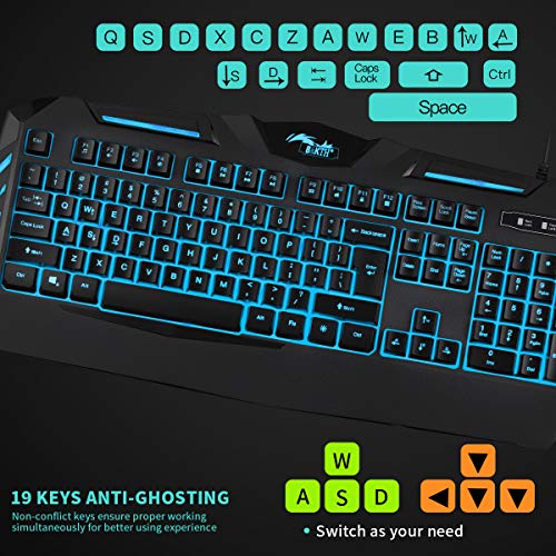 BAKTH Teclado Gaming USB, 7 Colores LED Retroiluminación con 12 Teclas Multimedia y 19 Teclas Anti-ghosting, Mecánico Similar Teclado para Juegos PC Gamer, QWERTY Diseño Americano