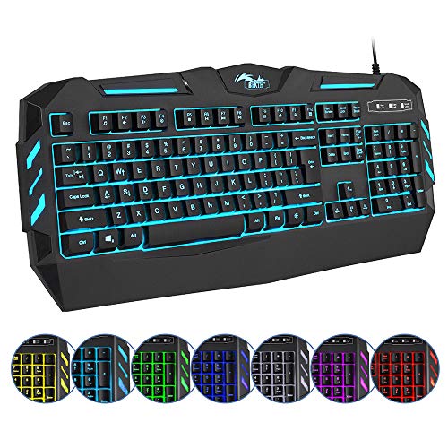 BAKTH Teclado Gaming USB, 7 Colores LED Retroiluminación con 12 Teclas Multimedia y 19 Teclas Anti-ghosting, Mecánico Similar Teclado para Juegos PC Gamer, QWERTY Diseño Americano