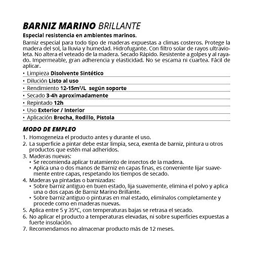 BARNIZ MARINO, Barniz madera exterior-interior, barniz madera incoloro-transparente) Especial resistencia en ambientes marinos. (750 ML, BRILLANTE)