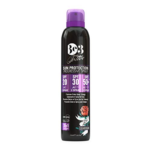 Be3 Tattoo Guardian - Protector Solar Spray Progresivo para Tatuajes, SPF 20/30/50+, 175 ml