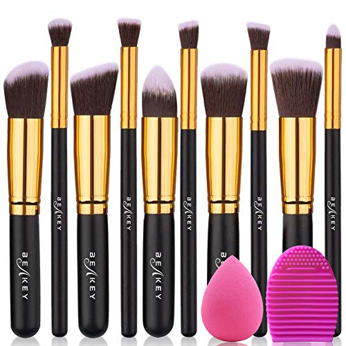 BEAKEY Set de pinceles de maquillaje Kabuki Foundation Foundation Face Powder Blush Pinceles sombra de ojos Kit de pinceles de maquillaje con esponja licuadora y pincel de huevo (10 + 2 piezas, ORO)