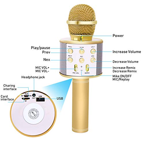 Bearbro Micrófono Inalámbrico Bluetooth，Micrófono Karaoke Bluetooth Portátil con Función Selfie para Niños Canta Partido Musica, Compatible con Android/iOS PC, AUX o Teléfono Inteligente (oro)