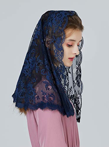 BEAUTELICATE Mantilla De Encaje Española Mujer Capilla Velo Pañuelo de Lglesia Católica Bordado Chal Bufanda Negra Azul Marino V115