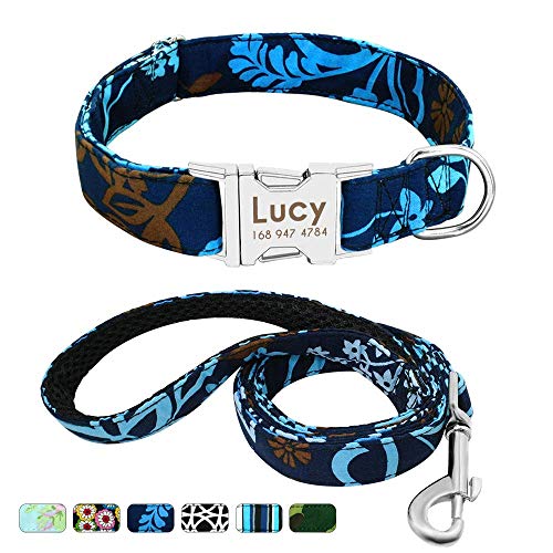 Beirui Collar Perro Personalizado con Hebilla de liberación rápida – Collares para Perros Personalizados con Patrones Florales – Blue Iris Collar y Correa Perro - M(12-19.5"Cuello)