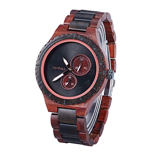 Bewell Retro Reloj de Pulsera para Hombre de Madera Natural Reloj de Cuarzo analógico con números arábigos dial y Puntero Luminoso W154A(Rojo y Negro)