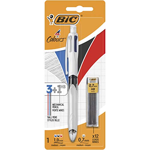 BIC 4 colores - Bolígrafo Multifunción 3+1HB con 12 Minas de Recambio 0,7 mm