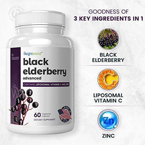 Black Elderberry Advanced 500mg Enriquecido con Vitamina C Liposomal y Zinc - Mejora Sistema Inmunológico, Potente Antioxidante y Antiinflamatorio, Bayas de saúco, Reduce Cansancio, 60 cápsulas