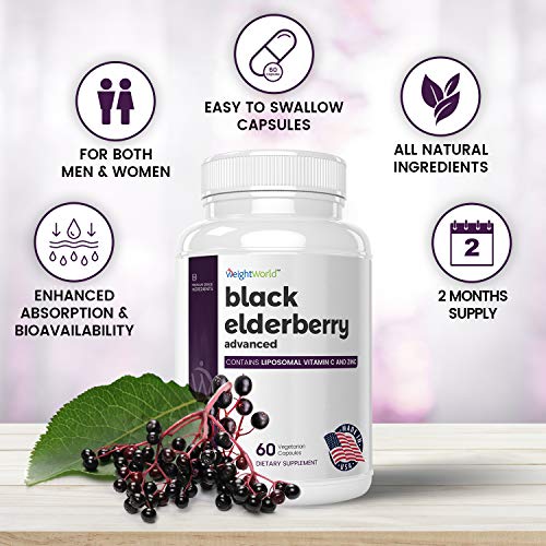 Black Elderberry Advanced 500mg Enriquecido con Vitamina C Liposomal y Zinc - Mejora Sistema Inmunológico, Potente Antioxidante y Antiinflamatorio, Bayas de saúco, Reduce Cansancio, 60 cápsulas