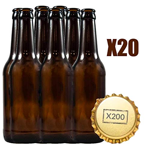 Botellas vacias de cerveza 33cl reutilizables con chapa incluidas | kit 20 botellines y 200 chapas para elaborar cervezas artesana | Pack de botella elaboracion artesanal en casa