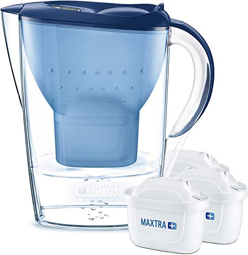 BRITA Marella azul Pack Ahorro – Jarra de Agua Filtrada con 3 cartuchos MAXTRA+, Filtro de agua BRITA que reduce la cal y el cloro, Agua filtrada para un sabor óptimo, 2.4L