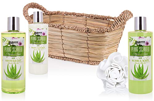 BRUBAKER Cosmetics Set de Baño y Ducha Aloe Vera - Juego de regalo de 11 piezas en cesta de mimbre