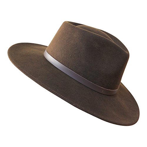 B&S Premium Lewis - Sombrero de ala Ancha Fedora - 100% Fieltro de Lana - Resistente al Agua - Banda de Piel - Marron Oscuro 54cm