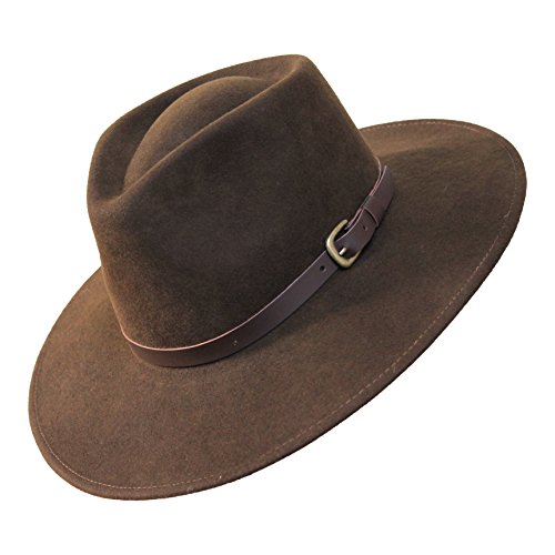 B&S Premium Lewis - Sombrero de ala Ancha Fedora - 100% Fieltro de Lana - Resistente al Agua - Banda de Piel - Marron Oscuro 54cm