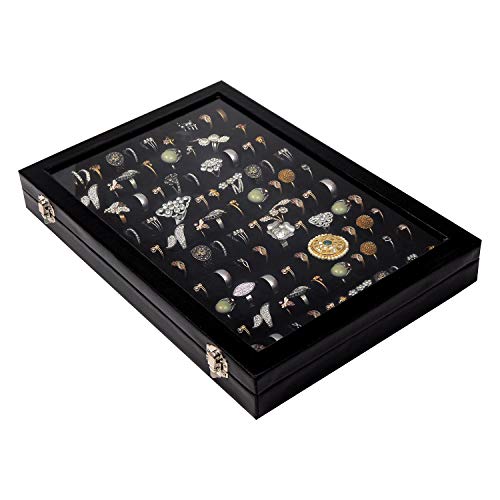 Caja Expositora para Anillos (Pack de 1) - Caja Almacenar Gemelos 35cm de Ancho x 24cm de Largo y 3cm de Alto - Organizador de Anillos Acrílico con Terciopelo para Joyas, Pendientes y Mas – Negro