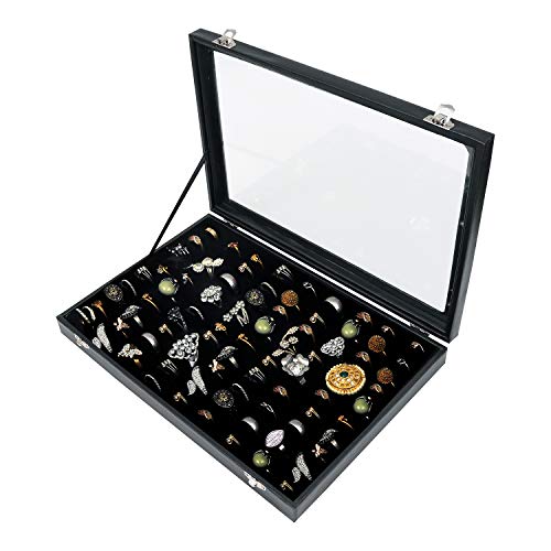 Caja Expositora para Anillos (Pack de 1) - Caja Almacenar Gemelos 35cm de Ancho x 24cm de Largo y 3cm de Alto - Organizador de Anillos Acrílico con Terciopelo para Joyas, Pendientes y Mas – Negro