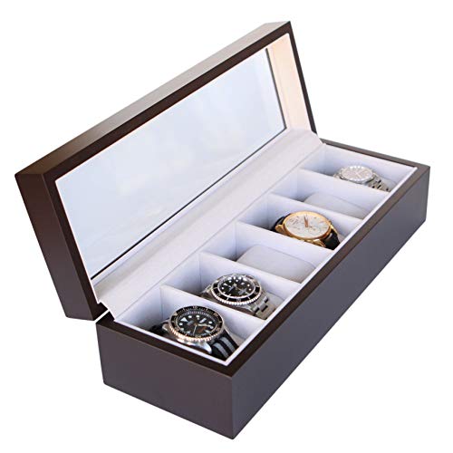 Caja Organizadora de Relojes de Madera Maciza Color Café Oscuro con Tope de Vidrio Exhibidor Hecho por CASE ELEGANCE - 6 Compartimientos