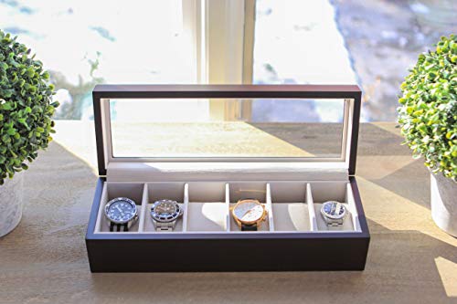 Caja Organizadora de Relojes de Madera Maciza Color Café Oscuro con Tope de Vidrio Exhibidor Hecho por CASE ELEGANCE - 6 Compartimientos