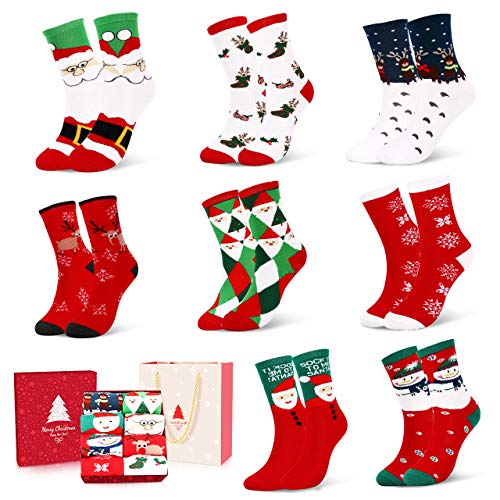 Calcetines de Navidad, 8 Pares Calcetines de Algodón de Navidad de invierno Calcetines Térmicos de Navidad Calcetines Navidad Mujer Regalo Calcetines con Exquisita Caja de Regalo y Bolsa de Regalo