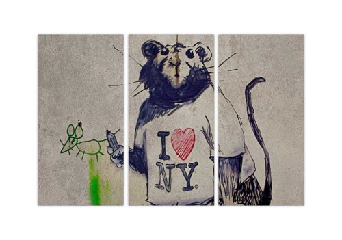 CANVAS IT UP Lienzo Impresiones de Banksy I Love New York Rat Camiseta Foto Cuadros Graffiti impresión 3 Paneles de Arte Moderno, Lona Madera, 2-3 X 20" X 10" (3 X 50CM X 25CM)